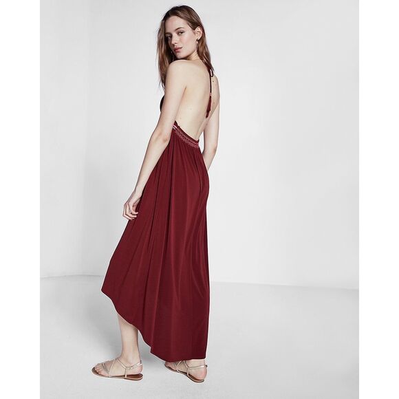 EXPRESS Women’s Merlot Red Contrast Embroidered Trim Halter Maxi Dress Size XS - Picture 4 of 9